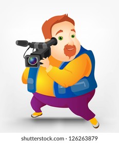 Cartoon Character Cheerful Chubby Men. Cameraman. Vector Illustration. EPS 10.