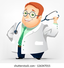 Cartoon Character Cheerful Chubby Men. Doctor. Vector Illustration. EPS 10.