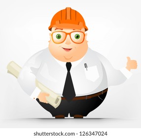 Cartoon Character Cheerful Chubby Men. Architect. Vector Illustration. EPS 10.