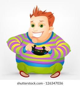Cartoon Character Cheerful Chubby Men. Gamer. Vector Illustration. EPS 10.