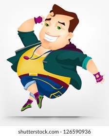 Cartoon Character Cheerful Chubby Men. Dancer. Vector Illustration. EPS 10.