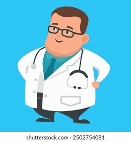 Cartoon Character Cheerful Chubby Men. Doctor. Vector Illustration. EPS 10.