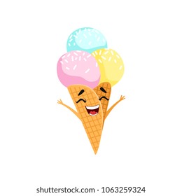 Cartoon character of cheerful ice-cream. Three colorful frozen balls in waffle cone. Tasty dessert with hands up. Flat vector for postcard, sticker, print