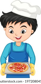 Cartoon character of a chef boy holding a tray of pizza illustration