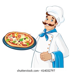  cartoon character chef cook holding pizza isolated on white background. Vector illustration.