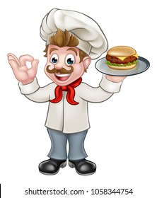 A cartoon character chef holding a cheese burger or hamburger on a plate 