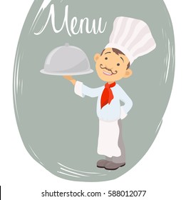 Cartoon character chef holding a silver food plate and menu background place for text. Catering service symbol. Vector
