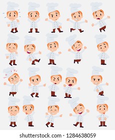 Cartoon character chef. Set with different postures, attitudes and poses, doing different activities in isolated vector illustrations.