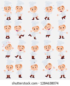 Cartoon character chef. Set with different postures, attitudes and poses, doing different activities in isolated vector illustrations.