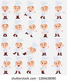 Cartoon character chef. Set with different postures, attitudes and poses, doing different activities in isolated vector illustrations.
