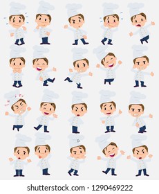 Cartoon character chef. Set with different postures, attitudes and poses, doing different activities in isolated vector illustrations.