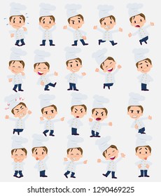 Cartoon character chef. Set with different postures, attitudes and poses, doing different activities in isolated vector illustrations.