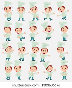 Cartoon character chef. Set with different postures, attitudes and poses, doing different activities in isolated vector illustrations.