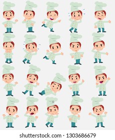 Cartoon character chef. Set with different postures, attitudes and poses, doing different activities in isolated vector illustrations.