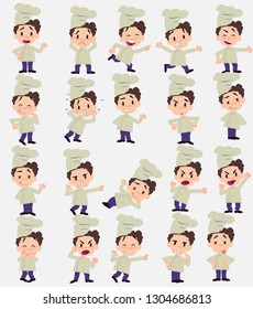 Cartoon character chef. Set with different postures, attitudes and poses, doing different activities in isolated vector illustrations.