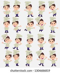 Cartoon character chef. Set with different postures, attitudes and poses, doing different activities in isolated vector illustrations.