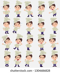 Cartoon character chef. Set with different postures, attitudes and poses, doing different activities in isolated vector illustrations.