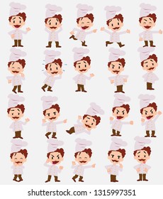Cartoon character chef. Set with different postures, attitudes and poses, doing different activities in isolated vector illustrations.