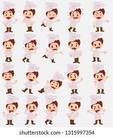 Cartoon character chef. Set with different postures, attitudes and poses, doing different activities in isolated vector illustrations.