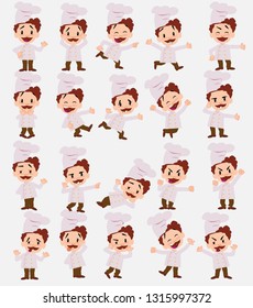 Cartoon character chef. Set with different postures, attitudes and poses, doing different activities in isolated vector illustrations.