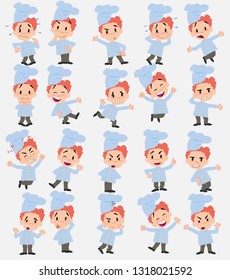 Cartoon character chef. Set with different postures, attitudes and poses, doing different activities in isolated vector illustrations.