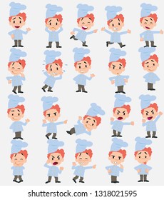 Cartoon character chef. Set with different postures, attitudes and poses, doing different activities in isolated vector illustrations.