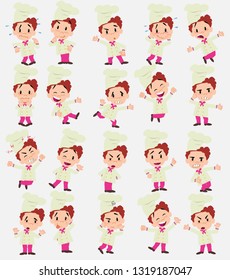 Cartoon character chef. Set with different postures, attitudes and poses, doing different activities in isolated vector illustrations.