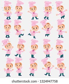 Cartoon character chef. Set with different postures, attitudes and poses, doing different activities in isolated vector illustrations.