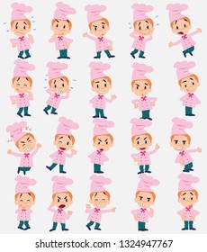 Cartoon character chef. Set with different postures, attitudes and poses, doing different activities in isolated vector illustrations.