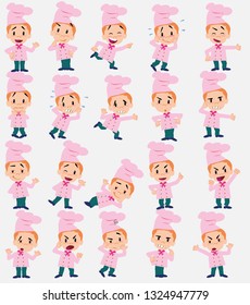 Cartoon character chef. Set with different postures, attitudes and poses, doing different activities in isolated vector illustrations.