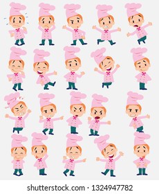 Cartoon character chef. Set with different postures, attitudes and poses, doing different activities in isolated vector illustrations.