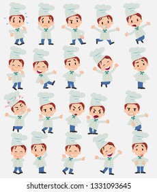 Cartoon character chef. Set with different postures, attitudes and poses, doing different activities in isolated vector illustrations.