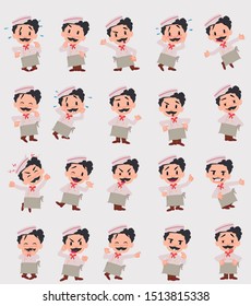 Cartoon character chef. Set with different postures, attitudes and poses, doing different activities in isolated vector illustrations.