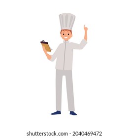 Cartoon character of a chef in a white uniform. A young male cook holds a notepad with recipes or menu and make gestures. Flat vector illustration isolated on a white background.