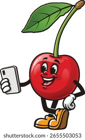 Carácter de la historieta de la fruta de cereza que sostiene un gadget
