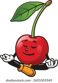 Cartoon character of cherry fruit meditating or relaxing