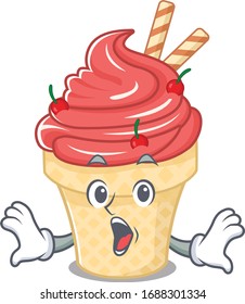 A cartoon character of cherry ice cream making a surprised gesture