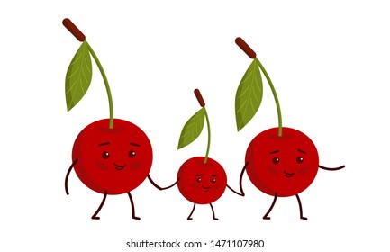 Cartoon character cherry. Mother and father holding the child's hand. Happy family. 