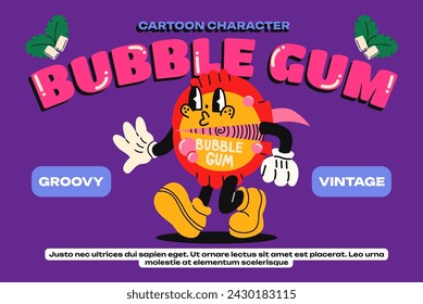 Cartoon character chewing gum. Bubble gum mint candy in a package with gloved hands. Bright poster in retro 90s style. Mint stripe in doodle funky groove style.