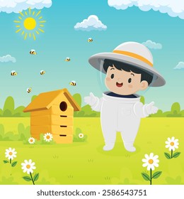 Cartoon character of a child in a beekeeper costume surrounded by nature bee and flowers. summer garden