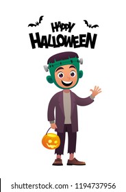 Cartoon character child in costume Frankenstein monster Happy Halloween vector