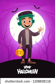 Cartoon character child in costume Frankenstein monster Happy Halloween vector