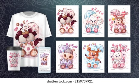 Cartoon character childish animal in egg