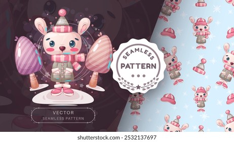 Cartoon character childish animal rabbit in forest - seamless pattern. Vector eps 10