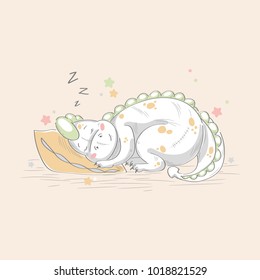 
cartoon character for children. little dinosaur. dragon asleep, rest, vacation. Vector graphics