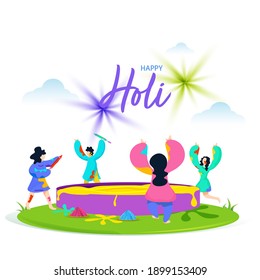 Cartoon Character Of Children Playing Holi Near Water Tub On White Background For Celebration Concept.