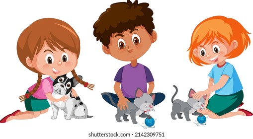 Cartoon character of children playing with their pets illustration