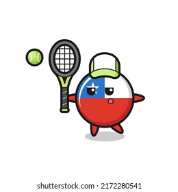 Cartoon character of chile flag badge as a tennis player , cute style design for t shirt, sticker, logo element