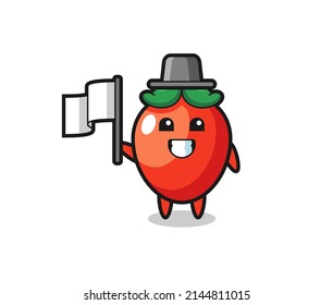 Cartoon character of chili pepper holding a flag , cute design