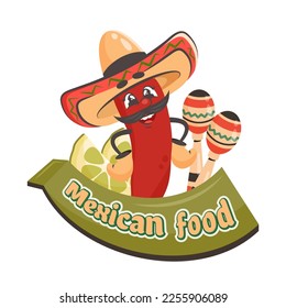 Cartoon character chilli pepper in sombrero hat with lime, maracas. Mexican food text on frame. Doodle drawn vector illustration for dishes, menu, poster, flyer, banner, delivery, cooking concept 